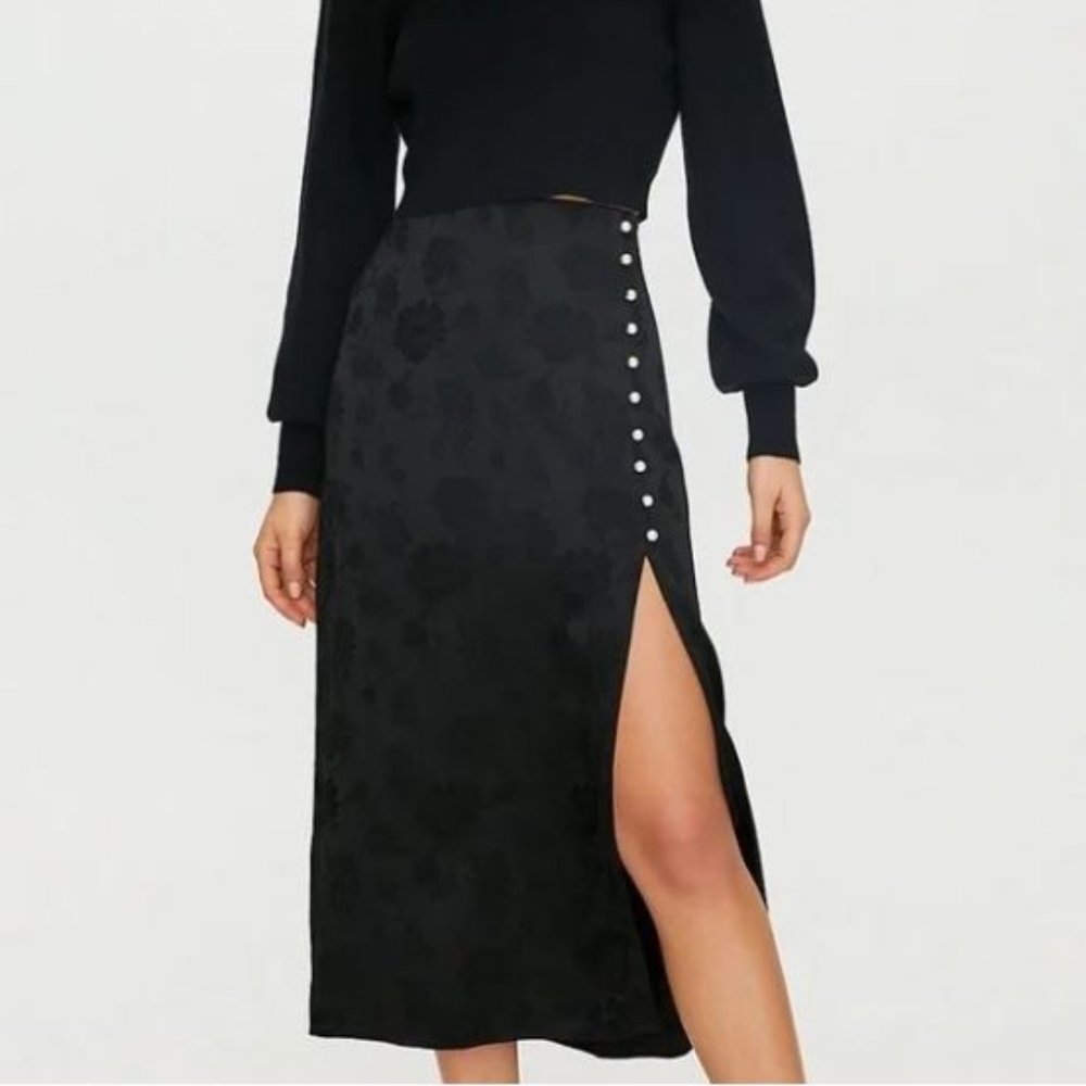 Aritzia Black Floral Midi Skirt with Side Button Slit